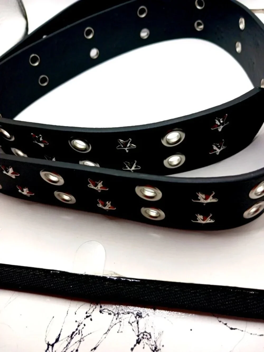Stars + Grommets Black Vegan Leather Belt + 2 Rubber Grommet Bracelet New